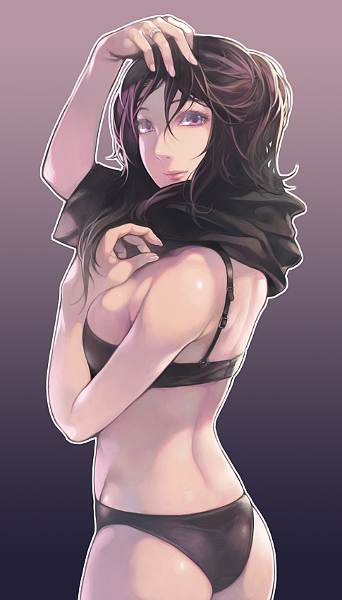 aoin, original, bad id, bad pixiv id, 1girl, ass, bra, brown eyes, brown hair, female focus, jewelry, lingerie, long hair, looking back, panties, ring, solo, underwear, underwear only