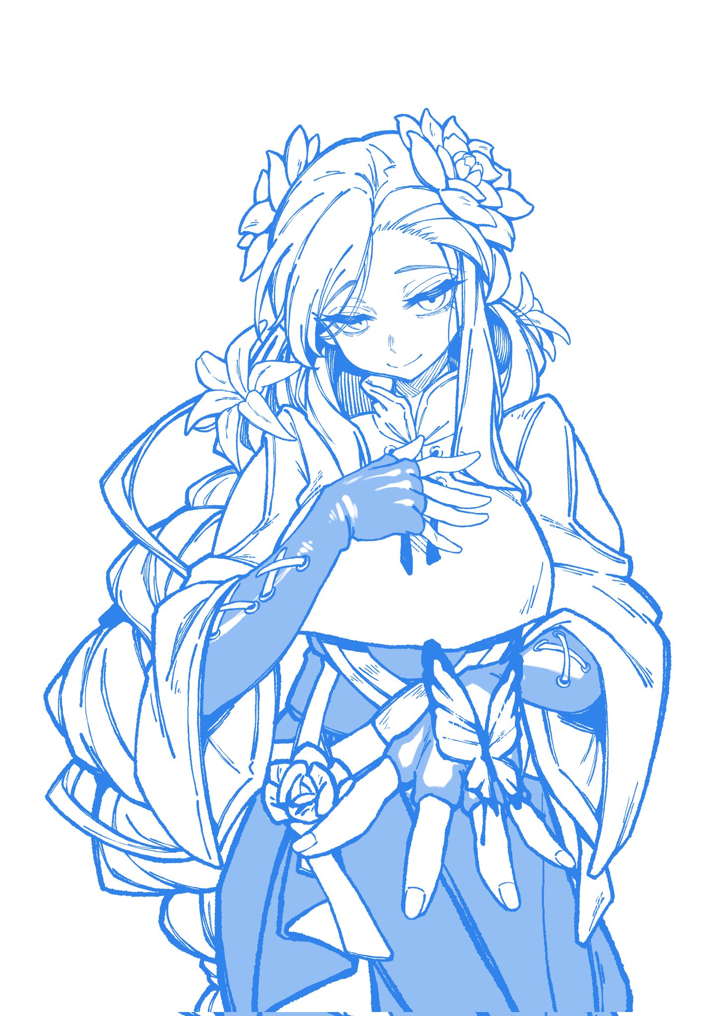 dizzy (guilty gear), queen dizzy, guilty gear, guilty gear strive, highres, 1girl, amaya 5321, asymmetrical bangs, blue outline, braid, breasts, bug, butterfly, butterfly on hand, closed mouth, elbow gloves, fingerless gloves, flower, gloves, hair flower, hair ornament, hand on own chest, insect, lineart, long hair, looking at viewer, medium breasts, outline, red eyes, smile, solo, swept bangs, tunic, upper body, very long hair, white background