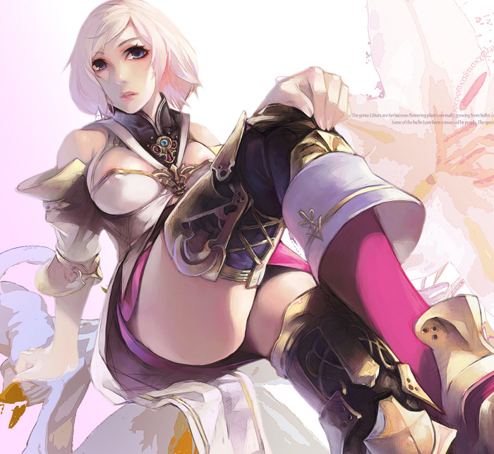 aoin, ashelia b'nargin dalmasca, final fantasy, final fantasy xii, 00s, 1girl, areola slip, blonde hair, blue eyes, breasts, cleavage, female focus, flapper shirt, large breasts, miniskirt, shirt, short hair, skirt, solo, thighhighs, zettai ryouiki