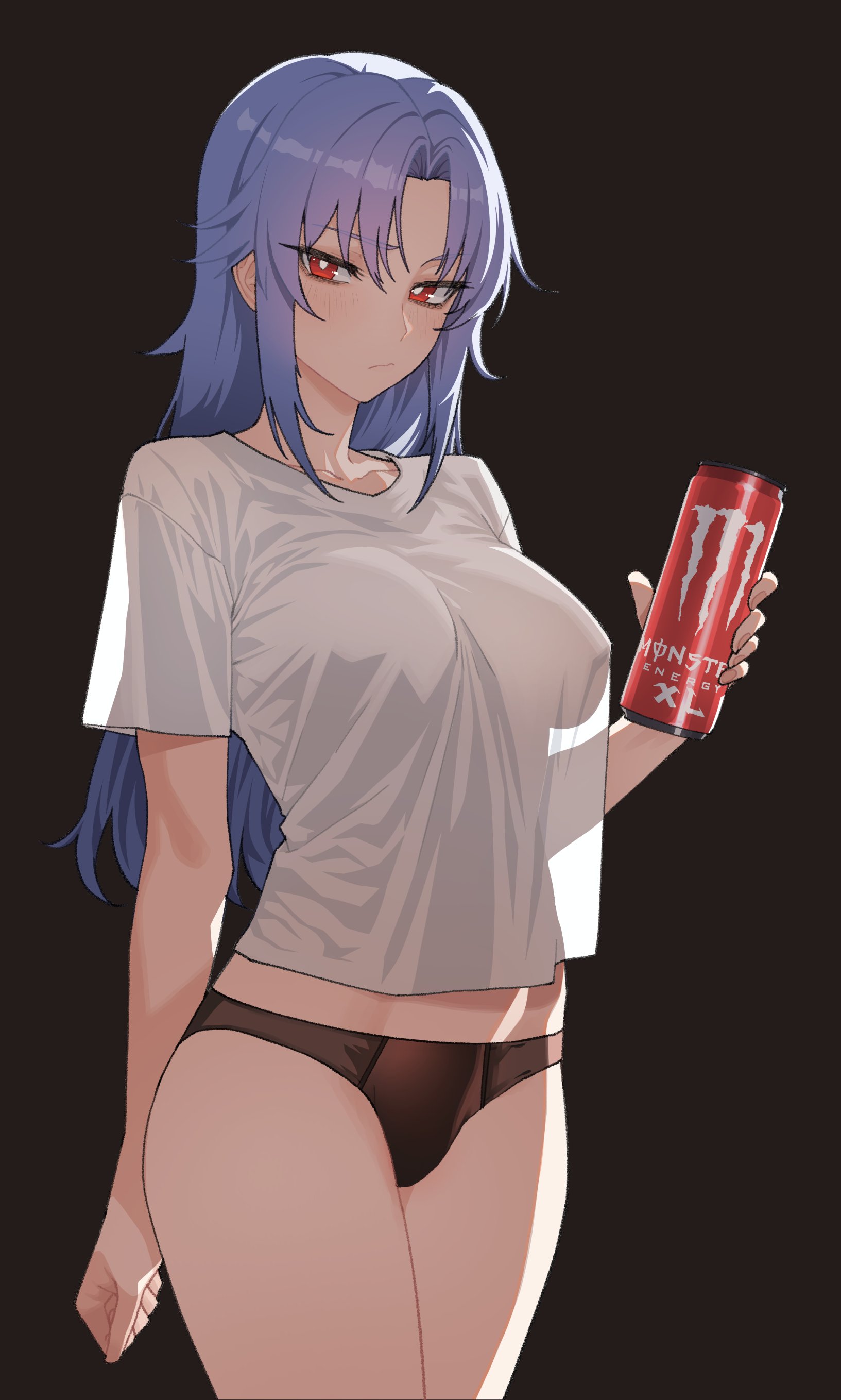kuso otoko, monster energy, uragoner, absurdres, commentary, english commentary, highres, 1girl, :/, black background, black panties, blue hair, breasts, bright pupils, can, closed mouth, cowboy shot, energy drink, holding, holding can, large breasts, legs together, light blush, long hair, looking at viewer, no pants, panties, red eyes, see-through silhouette, shirt, short sleeves, simple background, solo, standing, t-shirt, underwear, white pupils, white shirt