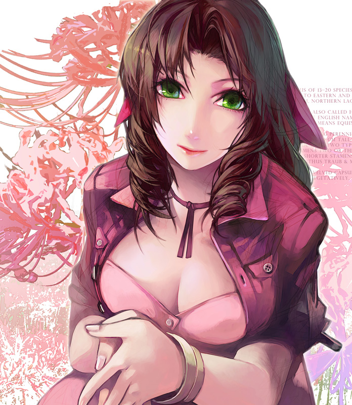 aoin, aerith gainsborough, final fantasy, final fantasy vii, 1990s (style), 1girl, bow, breasts, brown hair, choker, cleavage, dress, female focus, green eyes, hair ribbon, jacket, large breasts, long hair, pink bow, pink dress, retro artstyle, ribbon, ribbon choker, smile, solo