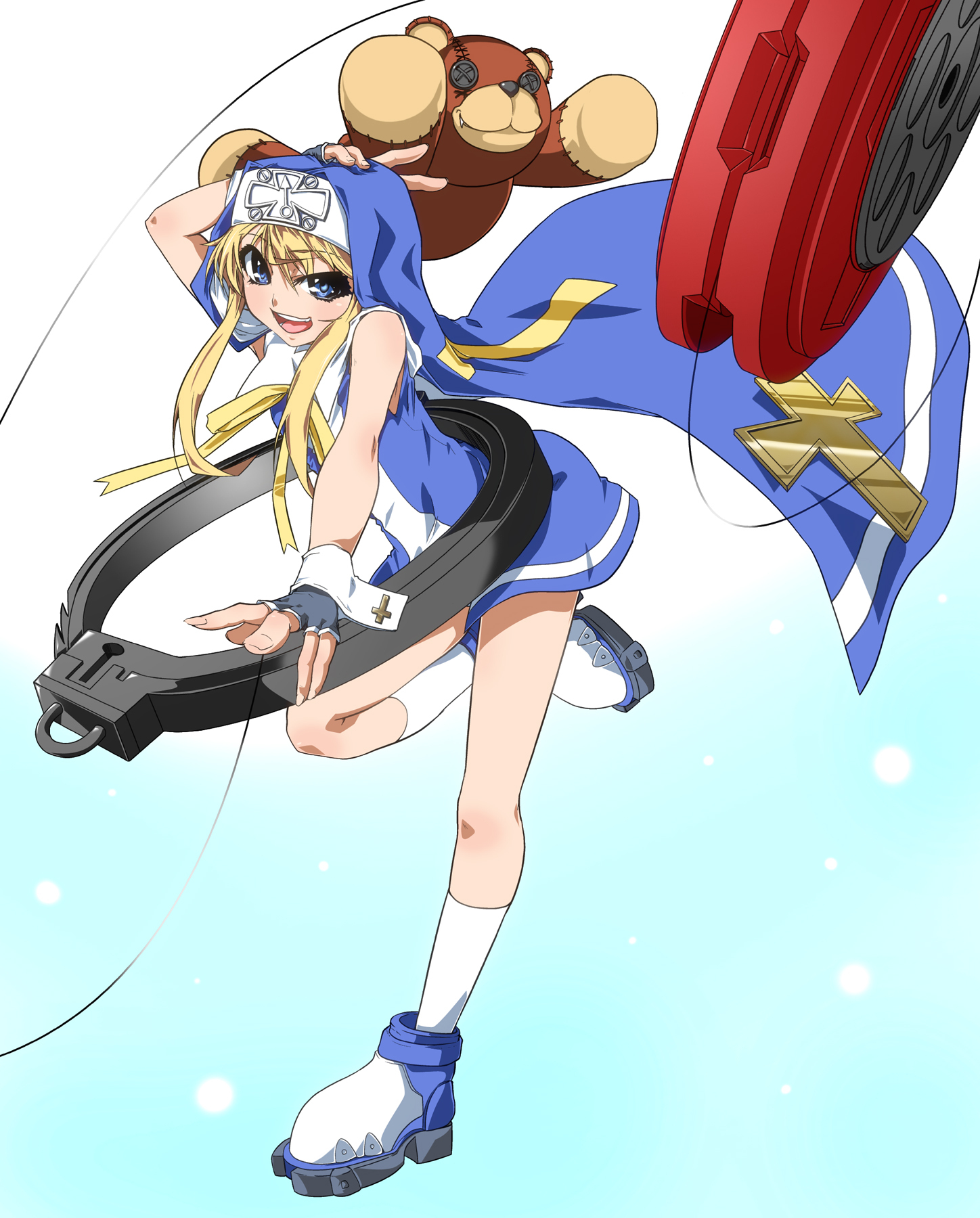 kurohanagi, bridget (guilty gear), roger (guilty gear), guilty gear, guilty gear xx, highres, 1boy, :d, ankle boots, bare arms, bare shoulders, black gloves, blonde hair, blue boots, blue eyes, blue veil, blue vest, boots, button eyes, buttons, cross, cross print, dynamic pose, fingerless gloves, floating, floating clothes, floating hair, floating object, foot up heel up, full body, gloves, guimpe, hair between eyes, hand on own head, invisible floor, kneehighs, large teddy bear, latin cross, leaning forward, light particles, long sidelocks, looking at viewer, male focus, mars symbol, neck ribbon, nun, object belt, on floor, open mouth, print wrist cuffs, ribbon, shirt, short hair with long locks, sidelocks, sleeveless, sleeveless shirt, smile, socks, standing, standing on one leg, stitches, string, teeth, throwing yo-yo, trap, two-sided veil, two-tone background, upper teeth only, veil, vest, white background, white shirt, white socks, white trim, white wrist cuffs, wrist cuffs, yellow ribbon, yo-yo