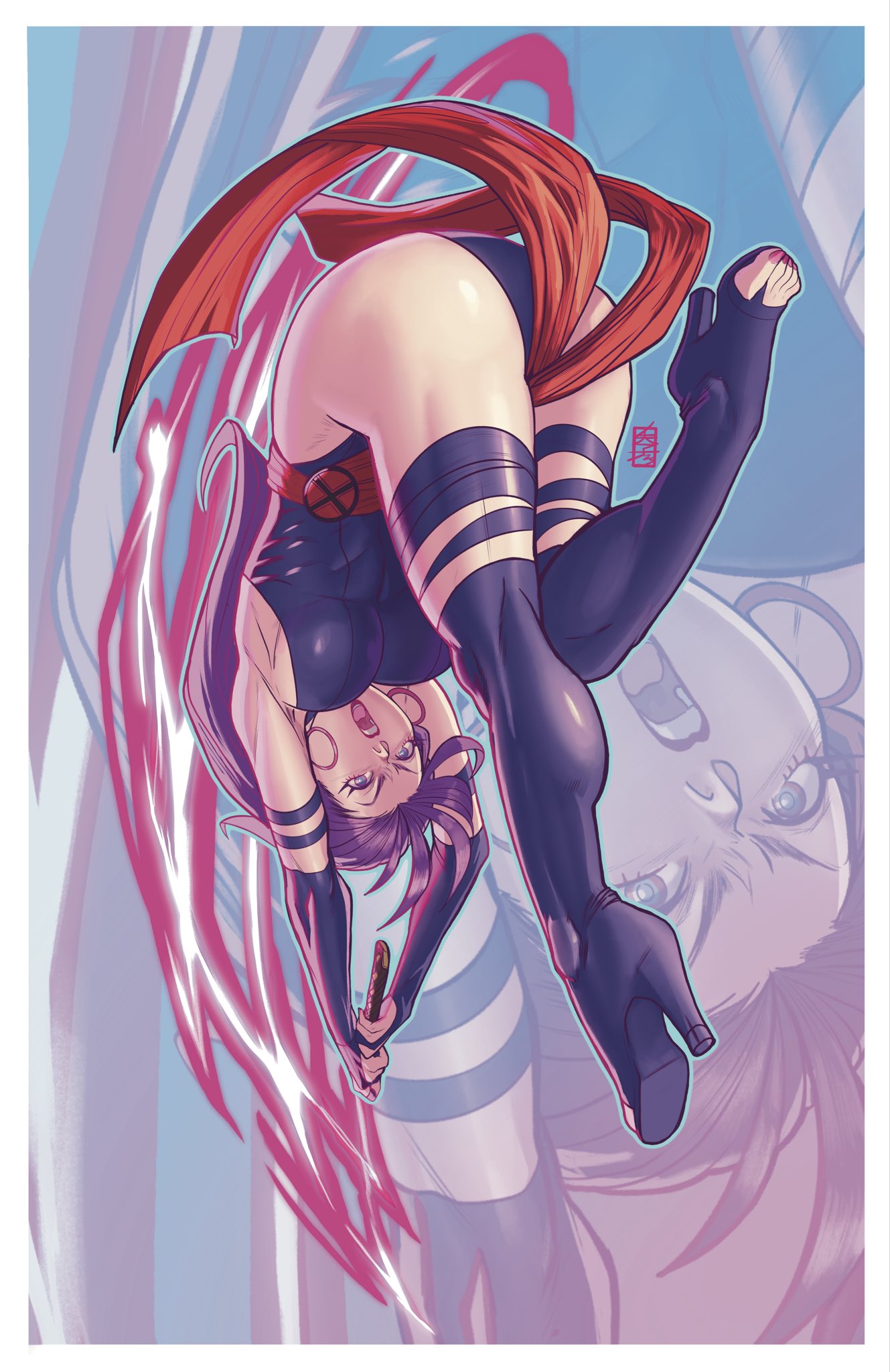 acecore2k, psylocke, marvel, x-men, commentary, english commentary, highres, 1girl, arms up, ass, blue eyes, boots, border, breasts, bridal gauntlets, earrings, glowing, glowing sword, glowing weapon, high heel boots, high heels, highleg, highleg leotard, holding, holding above head, holding sword, holding weapon, hoop earrings, jewelry, katana, leotard, long hair, looking at viewer, open-toe boots, open mouth, pink nails, purple boots, purple bridal gauntlets, purple hair, purple leotard, red sash, sash, solo, sword, upside-down, weapon, white border, zoom layer