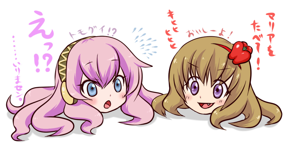 mishiyomi kazumi, megurine luka, takoluka, ushiromiya maria, umineko no naku koro ni, vocaloid, translated, blue eyes, brown hair, crossover, fang, hair ornament, parody, pink hair, purple eyes, surprised, yukkuri shiteitte ne