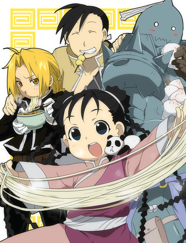 kl (dgzonbi), alphonse elric, edward elric, ling yao, may chang, xiao-mei, fullmetal alchemist, 00s, 1girl, 2boys, :3, black eyes, black hair, blonde hair, blush, braid, closed eyes, double bun, dumpling, eating, food, hair bun, mouth hold, multiple boys, noodles, panda, ramen, smile, teeth hold, yellow eyes