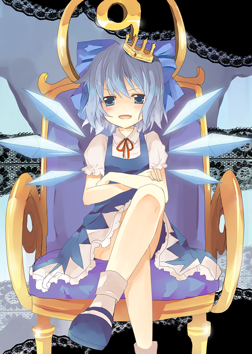 kurot, cirno, phantasmagoria of flower view, touhou, 1girl, blue eyes, blue hair, blue shoes, bow, circled 9, crossed legs, crown, female focus, matching hair/eyes, shoes, short hair, sitting, solo, throne, wings