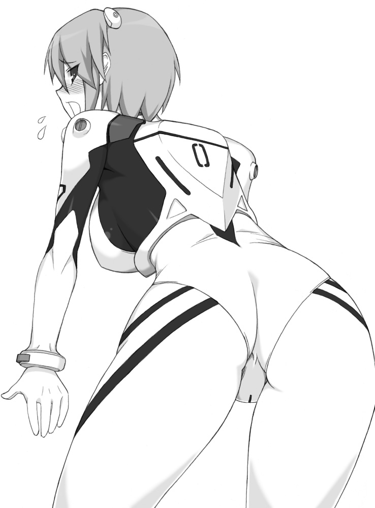 shichimenchou, ayanami rei, kotonomiya yuki, neon genesis evangelion, suigetsu, 1girl, ayanami rei (cosplay), blush, cosplay, female focus, greyscale, interface headset (evangelion), mecha pilot suit, monochrome, plugsuit (evangelion), short hair, simple background, solo