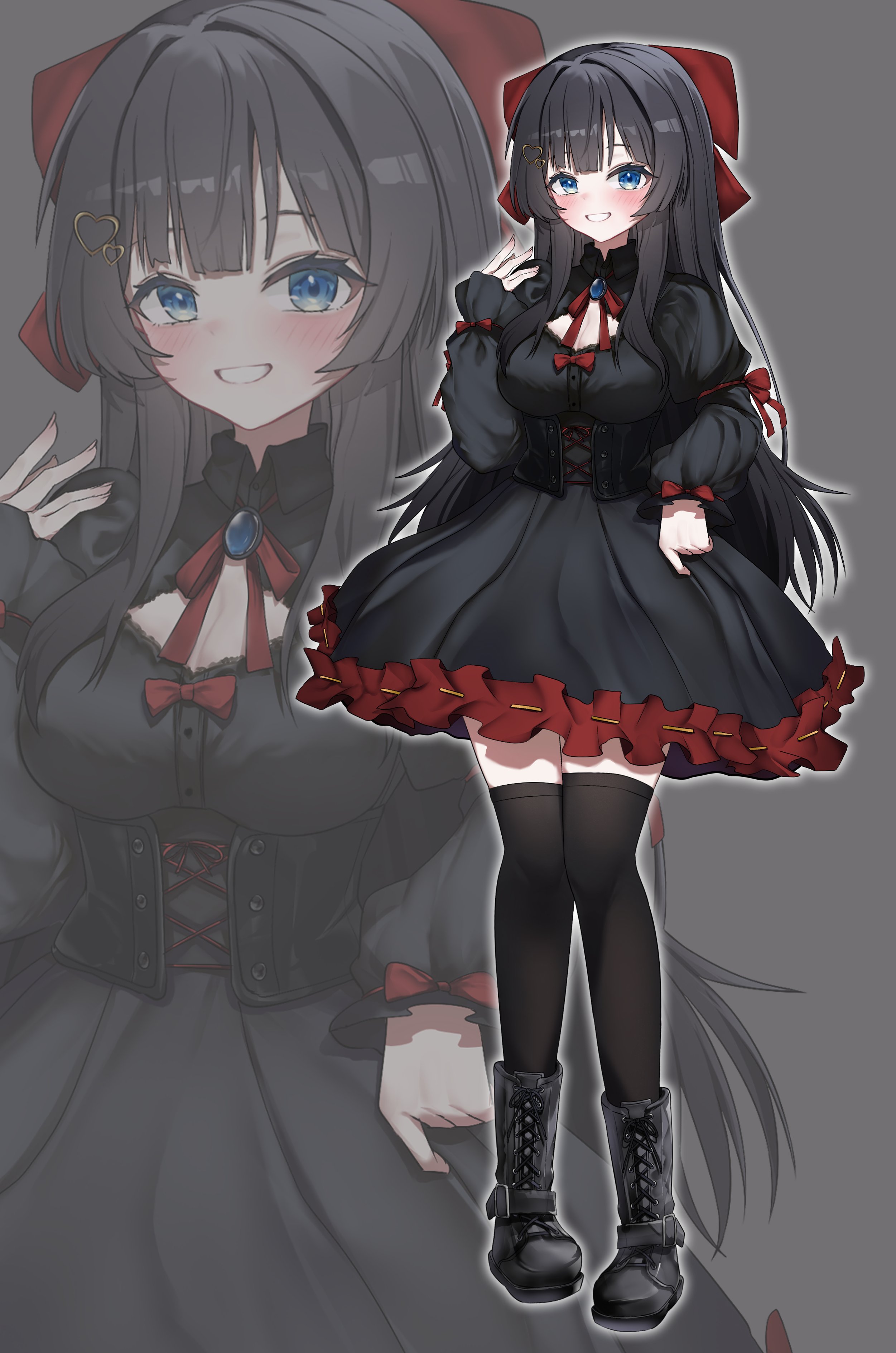 shirayuki hina, stellive, absurdres, hashtag-only commentary, highres, 1girl, black boots, black dress, black thighhighs, blue eyes, blue gemstone, boots, breasts, cleavage, dress, eggduck0530, full body, gem, grey background, hair ornament, hand up, heart, heart hair ornament, long hair, long sleeves, looking at viewer, simple background, smile, solo, standing, thighhighs, virtual youtuber, zettai ryouiki, zoom layer