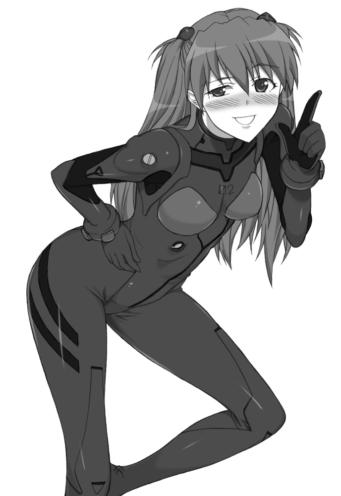 shichimenchou, souryuu asuka langley, neon genesis evangelion, blush, greyscale, long hair, mecha pilot suit, monochrome, plugsuit (evangelion), simple background, solo, twintails