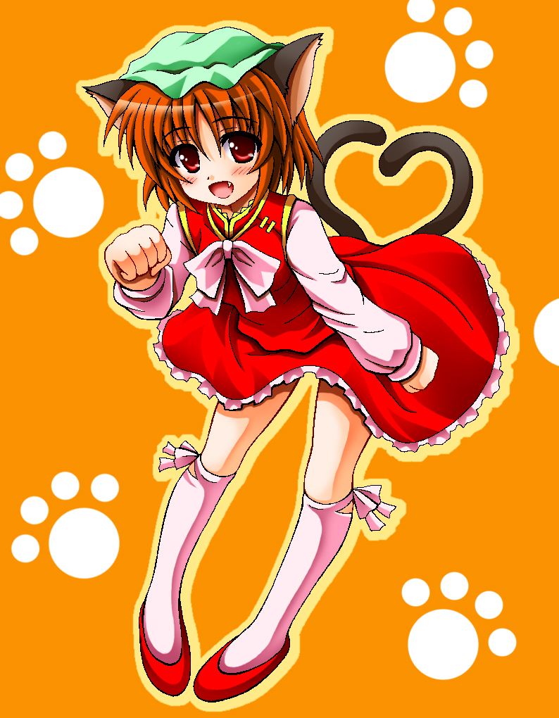 nagana sayui, chen, touhou, 1girl, animal ears, brown hair, cat ears, cat girl, cat tail, fang, female focus, hat, heart, heart tail, kneehighs, multiple tails, paw pose, red eyes, short hair, socks, solo, tail
