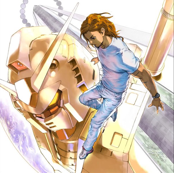 yasuda akira, andrew wk, rx-78-2 gundam, gundam, gundam rock, mobile suit gundam, 1boy, album cover, cover, denim, jeans, long hair, male focus, mecha, music, pants, robot, solo