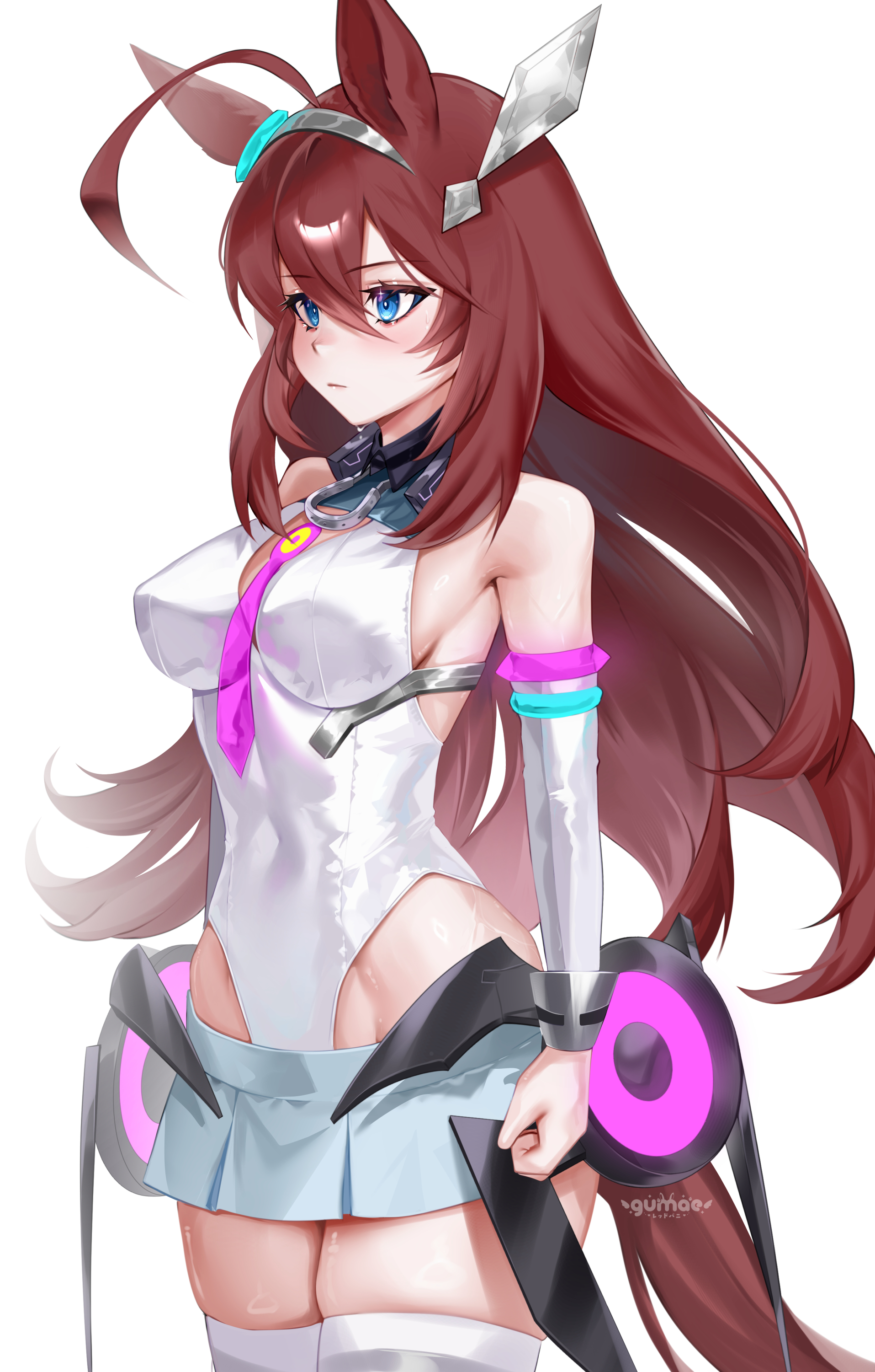 gumae, mihono bourbon (mb-19890425) (umamusume), mihono bourbon (umamusume), umamusume, absurdres, highres, 1girl, ahoge, animal ears, bare shoulders, blue eyes, blush, breasts, brown hair, closed mouth, detached sleeves, grey hairband, grey skirt, grey sleeves, hair between eyes, hairband, highleg, highleg leotard, horse ears, horse girl, horse tail, large breasts, leotard, long hair, lowleg, lowleg skirt, necktie, pink necktie, silver hairband, simple background, skirt, solo, tail, thighhighs, white background, white leotard, white thighhighs