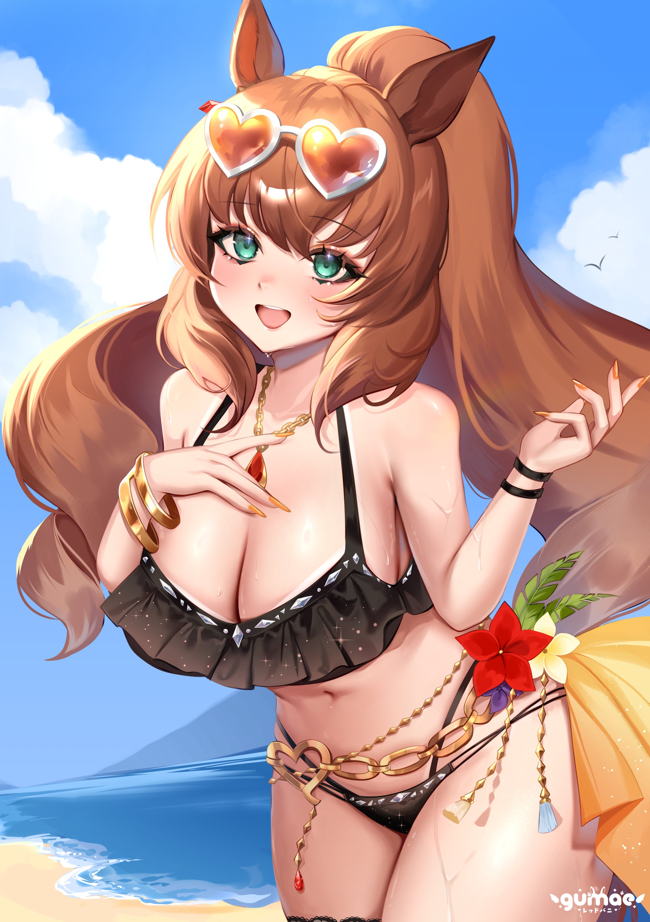 gumae, maruzensky (hot summer night) (umamusume), maruzensky (umamusume), umamusume, absurdres, highres, 1girl, animal ears, bare shoulders, beach, bikini, bird, black bikini, blue eyes, blue sky, blush, bracelet, breasts, brown-tinted eyewear, brown hair, cleavage, cloud, eyewear on head, green eyes, hair between eyes, heart, heart-shaped eyewear, horse ears, horse girl, horse tail, jewelry, large breasts, long hair, looking at viewer, navel, ocean, official alternate costume, open mouth, orange-tinted eyewear, outdoors, ponytail, ruffle bikini, sky, smile, solo, stomach, sunglasses, swimsuit, tail, tinted eyewear, water, white-framed eyewear