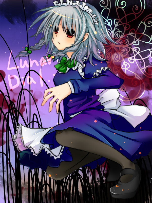 oshiruko (tsume), izayoi sakuya, touhou, silver hair, bad id, bad pixiv id, 1girl, braid, female focus, gradient background, maid, pantyhose, red eyes, short hair, solo, twin braids