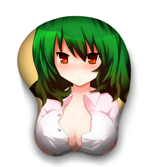oshiruko (tsume), kazami yuuka, touhou, bad id, bad pixiv id, 1girl, breast mousepad, breasts, cleavage, female focus, gradient background, green hair, large breasts, mousepad (medium), red eyes, short hair, solo, white background