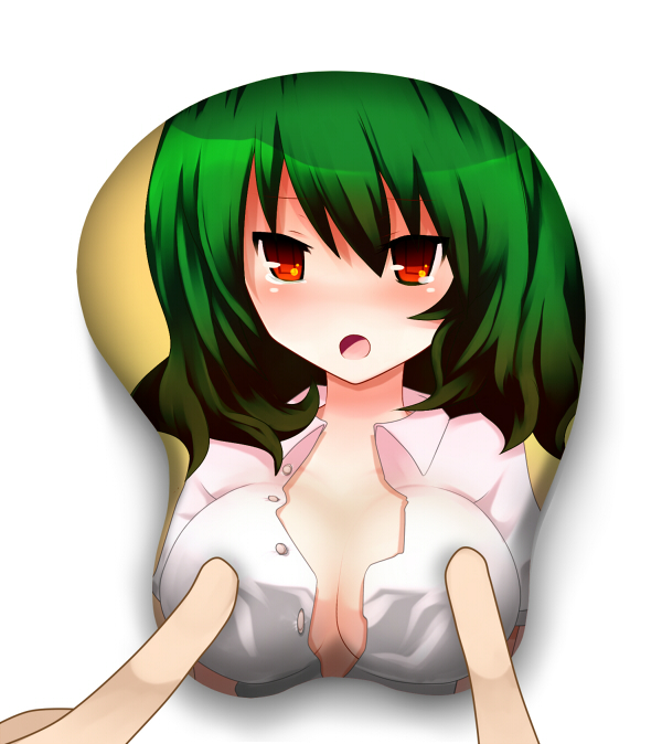 oshiruko (tsume), kazami yuuka, touhou, bad id, bad pixiv id, 1girl, blush, breast mousepad, breasts, cleavage, female focus, green hair, large breasts, mousepad (medium), nipple stimulation, nipple tweak, open mouth, poking another's breast, red eyes, short hair, solo, tears