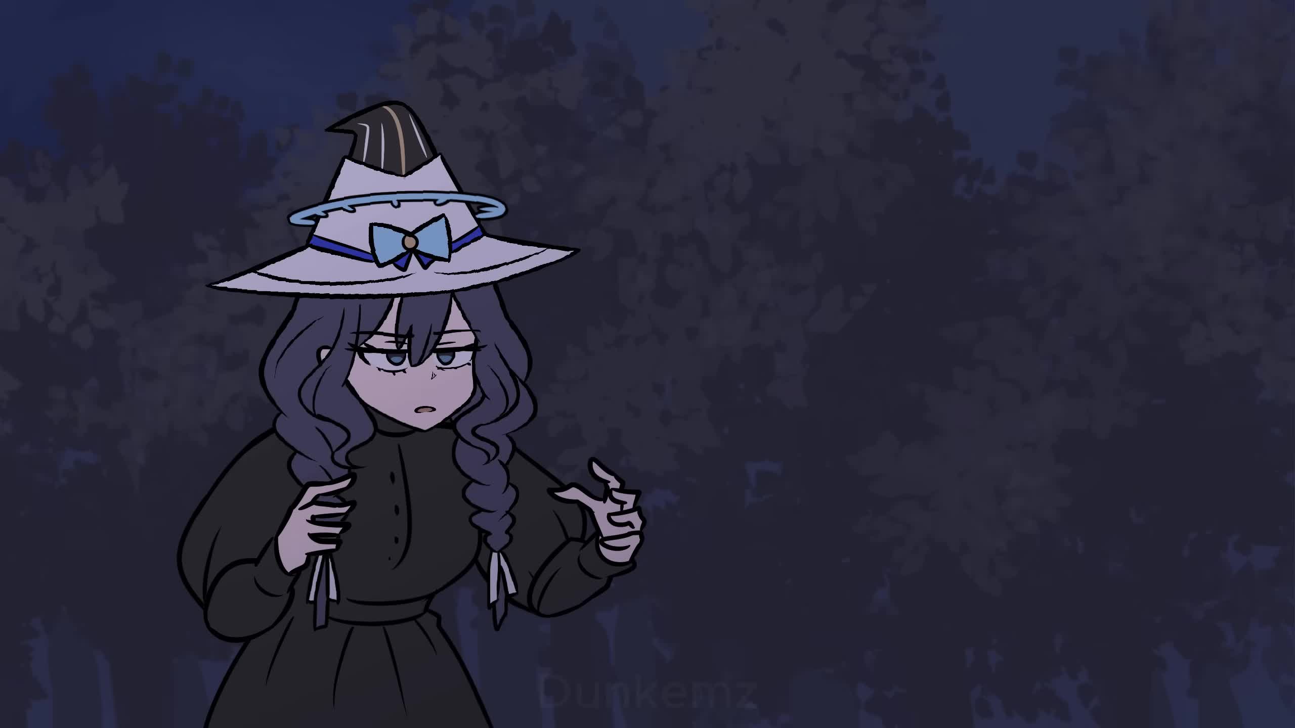 dunkemz, hakos baelz, koseki bijou, ninomae ina'nis, ouro kronii, raora panthera, takanashi kiara, hololive, hololive english, animated, sound, tagme, video, 6+girls, :3, artist name, black dress, black hair, black hole, blue eyes, blue hair, cape, chibi, close-up, closed mouth, constricted pupils, dress, forest, green hair, hat, looking at viewer, looking up, matching hair/eyes, multicolored hair, multiple girls, nature, night, orange hair, outdoors, pink hair, pointy ears, purple eyes, red hair, scared, screaming, smile, tentacle hair, two-tone hair, witch hat, yellow eyes