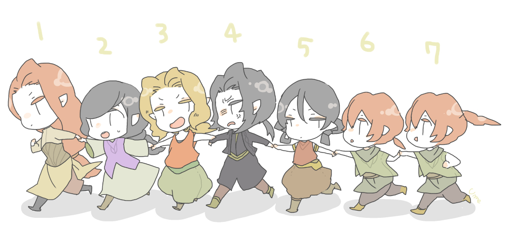 pixiv id 1298298, amras, amrod, caranthir, celegorm, curufin, maedhros, maglor, the silmarillion, tolkien's legendarium, 6+boys, anger vein, baggy pants, bare arms, black hair, blonde hair, brothers, chibi, closed mouth, elf, full body, hair between eyes, holding hands, long hair, looking at another, low ponytail, male focus, multiple boys, numbered, open mouth, pants, parted bangs, pointy ears, ponytail, red hair, running, siblings, simple background, sweat, sweatdrop, teeth, twins, upper teeth only, walking, white background