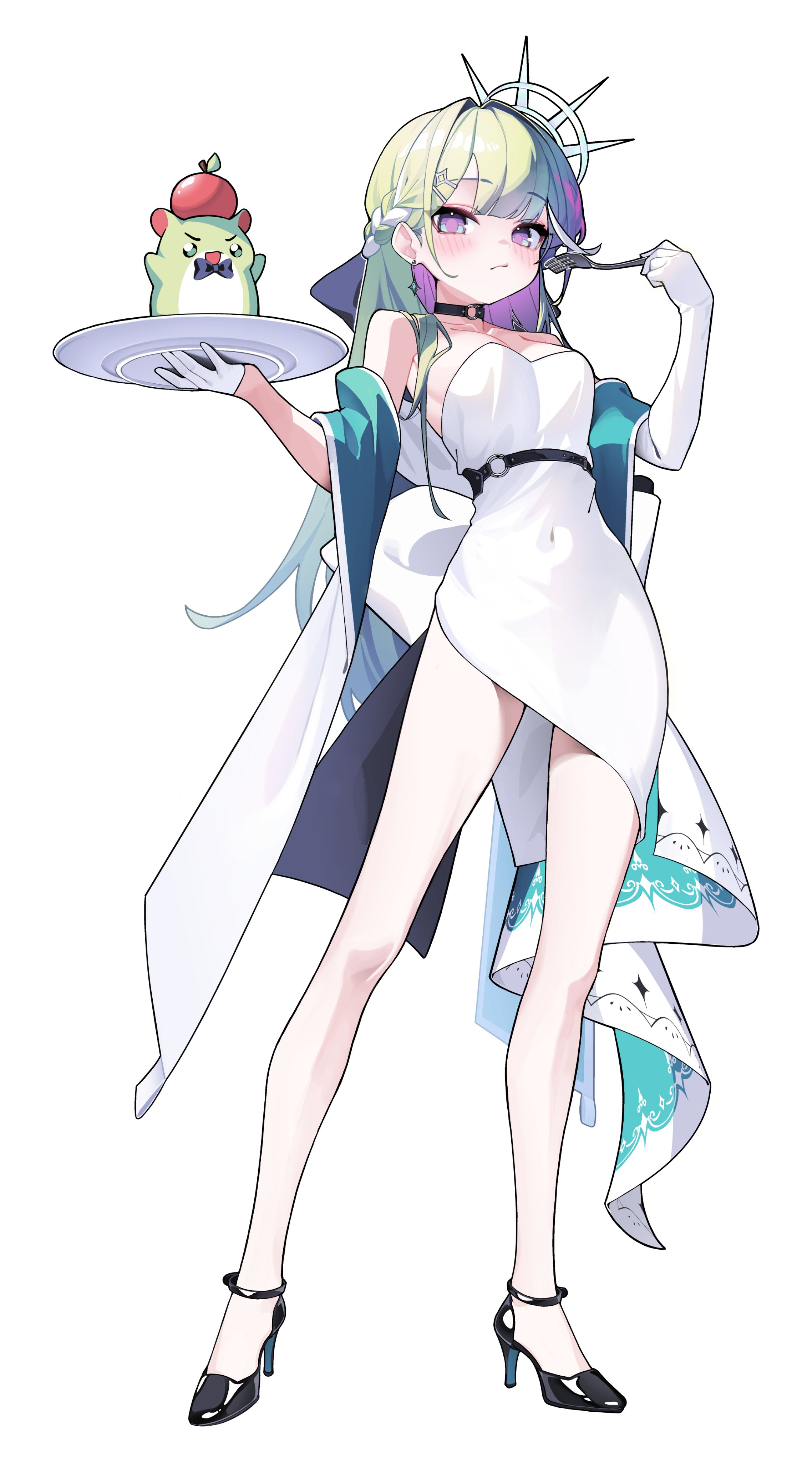 m cream01, yuzuha riko, stellive, absurdres, highres, 1girl, asymmetrical gloves, bare shoulders, black shoes, braid, breasts, closed mouth, covered navel, dress, elbow gloves, food, fork, fruit, full body, gloves, green hair, half gloves, hands up, high heels, holding, holding fork, long hair, looking at viewer, multicolored eyes, plate, purple hair, shoes, simple background, solo, standing, strapless, strapless dress, thighs, uneven gloves, virtual youtuber, white background, white dress, white gloves, white hair