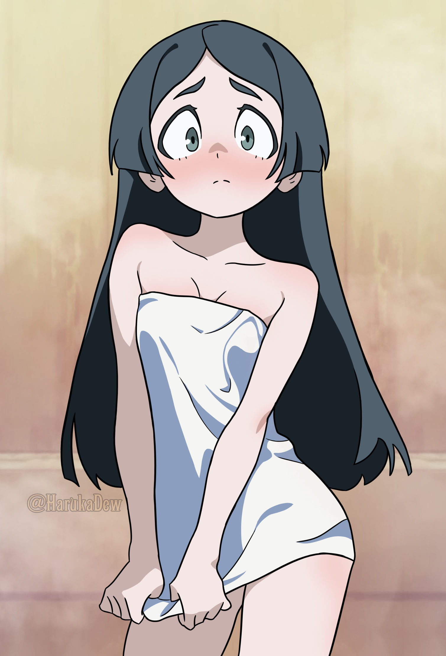 harukadew, barbara parker, little witch academia, highres, 1girl, artist name, bare arms, bare shoulders, black eyes, black hair, blush, breasts, clenched hands, collarbone, embarrassed, eyelashes, facing viewer, indoors, legs, long hair, looking at viewer, naked towel, neck, parted bangs, sidelocks, small breasts, standing, thighs, towel, v arms