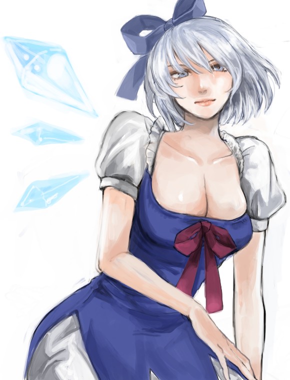 mishima ssuru, cirno, touhou, bad id, bad pixiv id, 1girl, aged up, alternate breast size (larger), blue eyes, blue hair, bow, breasts, cleavage, female focus, large breasts, matching hair/eyes, short hair, solo, wings