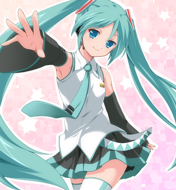sousai, hatsune miku, vocaloid, 1girl, aqua hair, blue eyes, detached sleeves, female focus, headphones, headset, long hair, necktie, skirt, smile, solo, thighhighs, twintails, very long hair, zettai ryouiki