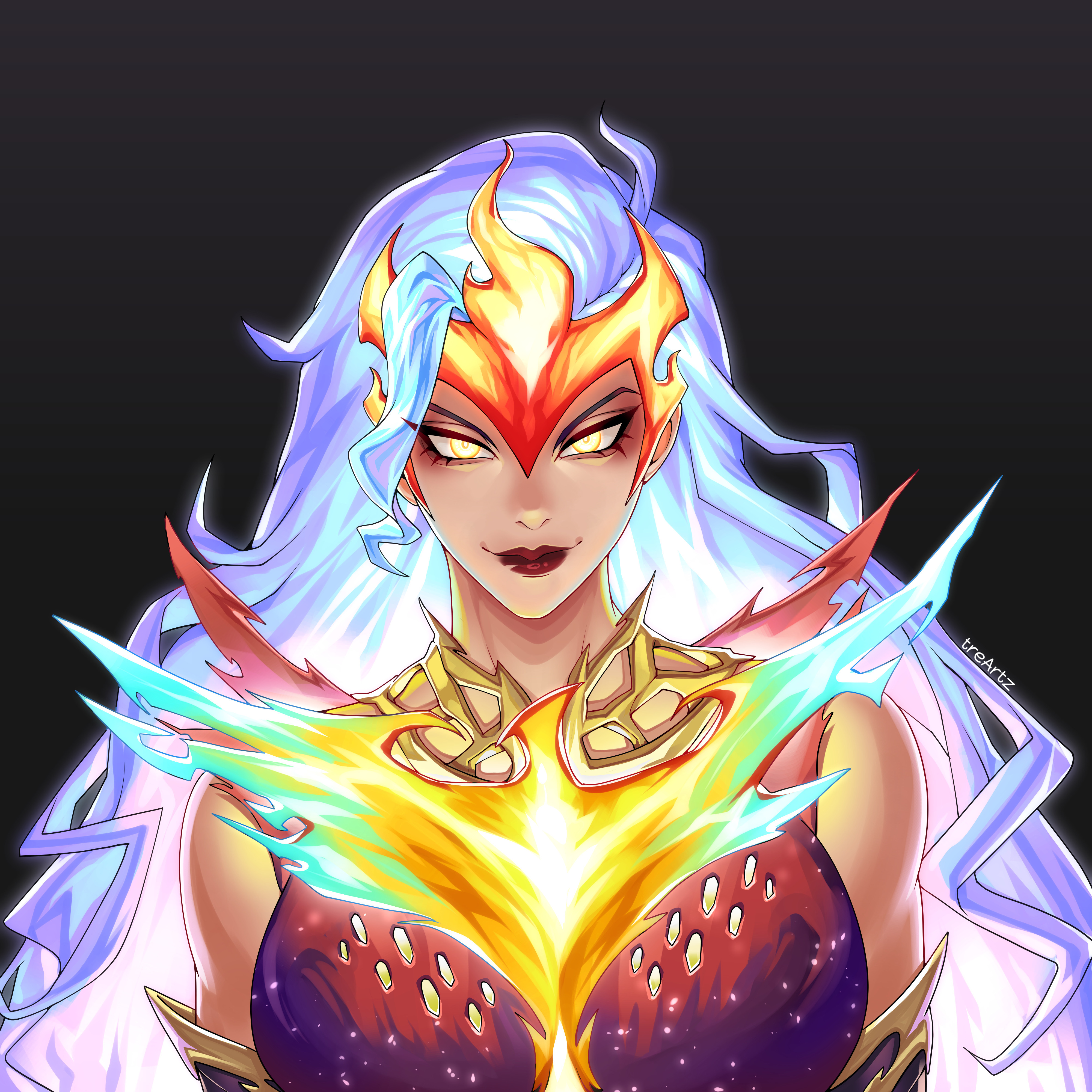 tre artz, scarlet witch, avengers (series), marvel, marvel rivals, absurdres, commentary, english commentary, highres, 1girl, artist name, black background, blue hair, dress, elbow gloves, gloves, glowing, glowing eyes, gradient background, grey background, long hair, looking at viewer, official alternate costume, purple dress, red lips, scarlet witch (chaos phoenix), solo, upper body, yellow eyes