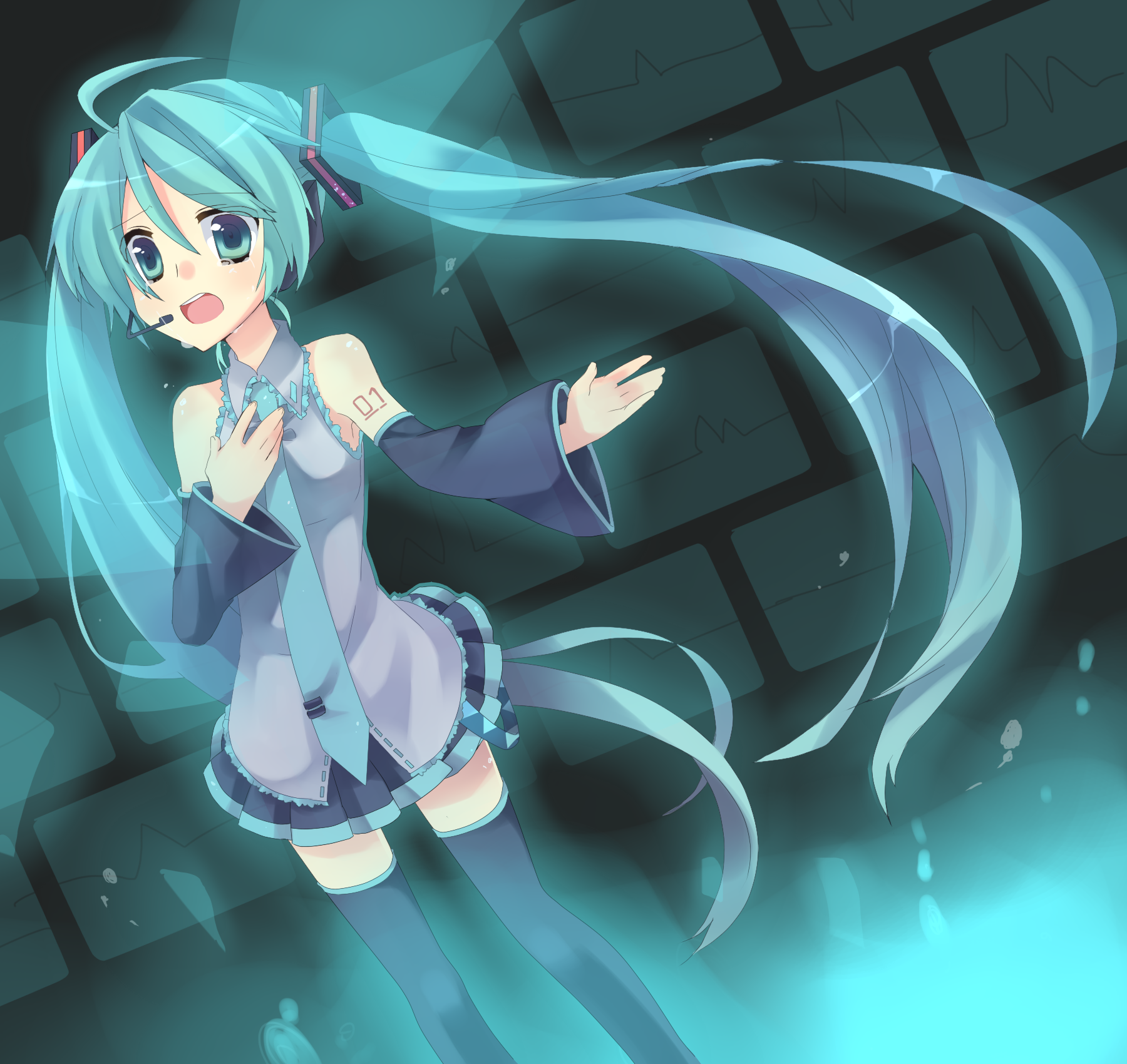 akai, hatsune miku, vocaloid, highres, 1girl, ahoge, aqua eyes, aqua hair, detached sleeves, female focus, headset, long hair, necktie, skirt, solo, tears, thighhighs, twintails, very long hair, zettai ryouiki