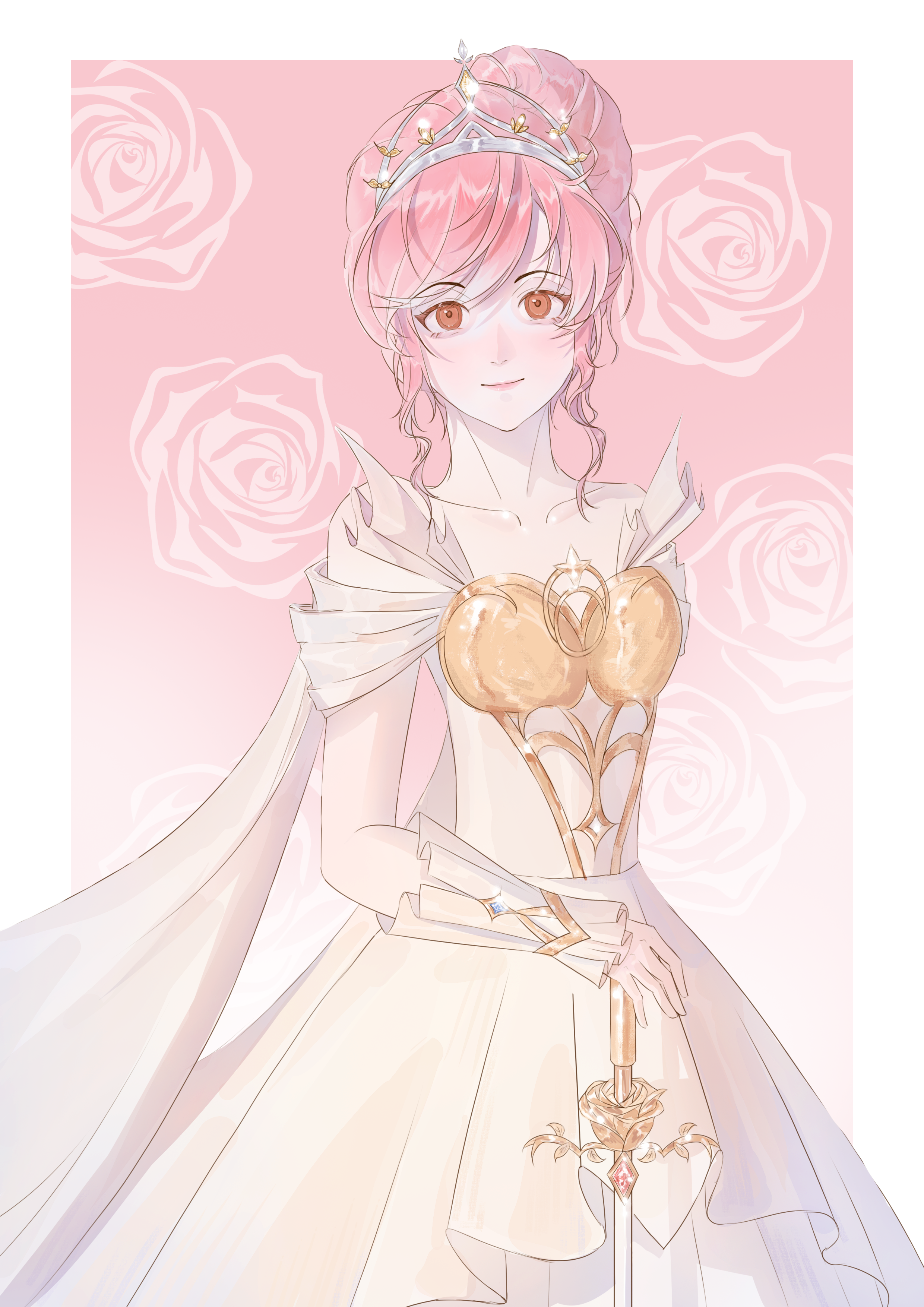 melody bloom (infinity nikki), nikki (nikki), infinity nikki, nikki (series), absurdres, chinese commentary, commentary request, highres, textless version, 1girl, armor, bare shoulders, border, breastplate, brown eyes, cape, closed mouth, collarbone, cowboy shot, dress, eyelashes, floral background, flower, frilled arm warmers, gradient background, hair bun, happy, holding, holding sword, holding weapon, light blush, lipstick, looking at viewer, makeup, nostrils, off-shoulder dress, off shoulder, outside border, pink background, pink hair, pink lips, pleated dress, rose, short hair with long locks, short sleeves, sidelocks, single hair bun, smile, solo, standing, swept bangs, sword, tiara, updo, wang jue, wavy hair, weapon, white arm warmers, white border, white cape, white dress