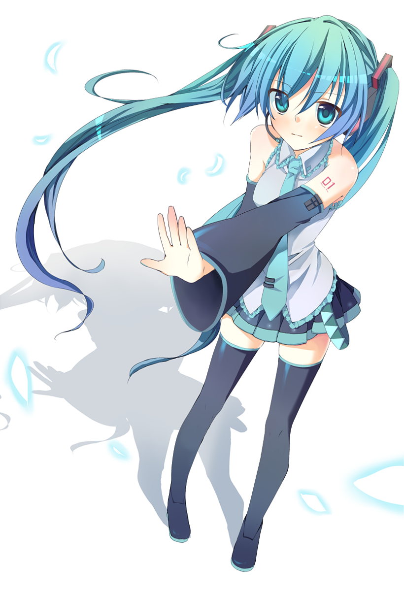 akai, hatsune miku, vocaloid, highres, 1girl, aqua eyes, aqua hair, detached sleeves, female focus, full body, headphones, headset, long hair, necktie, petals, skirt, solo, thighhighs, twintails, very long hair, white background, zettai ryouiki