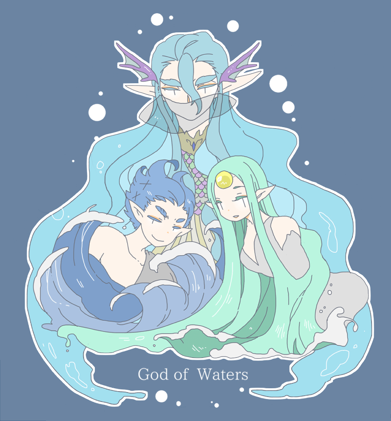pixiv id 1298298, osse (silmarillion), uinen, ulmo, the silmarillion, tolkien's legendarium, 1girl, 2boys, aqua hair, bare shoulders, blue hair, closed mouth, divine being, english text, hair between eyes, husband and wife, large ears, long hair, looking at viewer, multiple boys, no mouth, parted bangs, pointy ears, topless male, water, waves