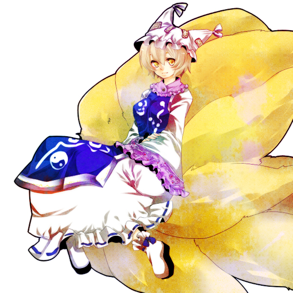 yutazou, yakumo ran, touhou, bad id, bad pixiv id, 1girl, blonde hair, dress, female focus, fox tail, full body, hat, multiple tails, short hair, simple background, solo, tail, white background, wide sleeves, yellow eyes, yin yang