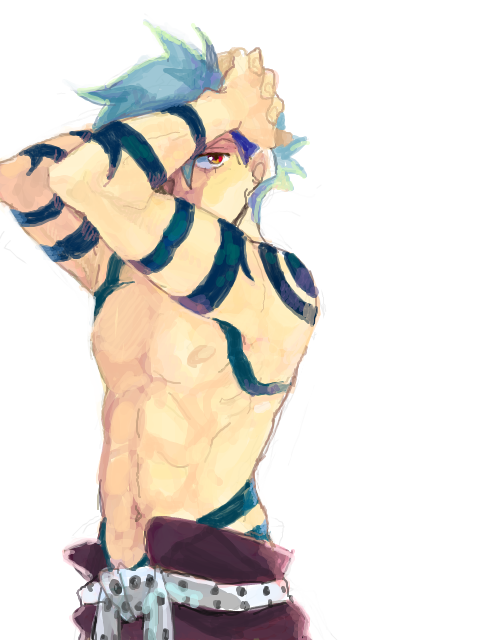 zukki (suzukio), kamina (ttgl), tengen toppa gurren lagann, 00s, 1boy, belt, blue hair, male focus, red eyes, simple background, solo, tattoo, tegaki, topless male