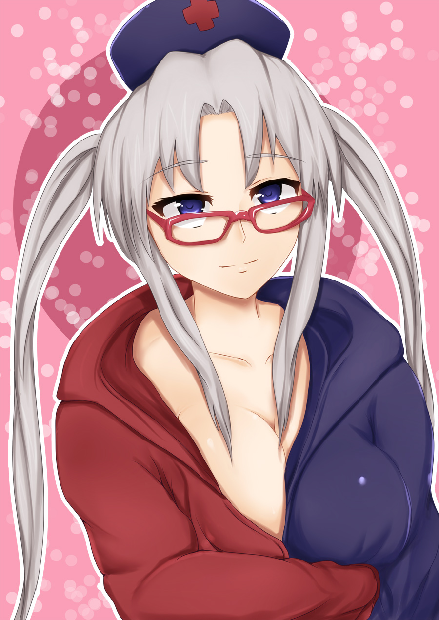tipo (tipoplaza), yagokoro eirin, touhou, highres, 1girl, bespectacled, breasts, cleavage, female focus, glasses, grey hair, hat, large breasts, solo, twintails