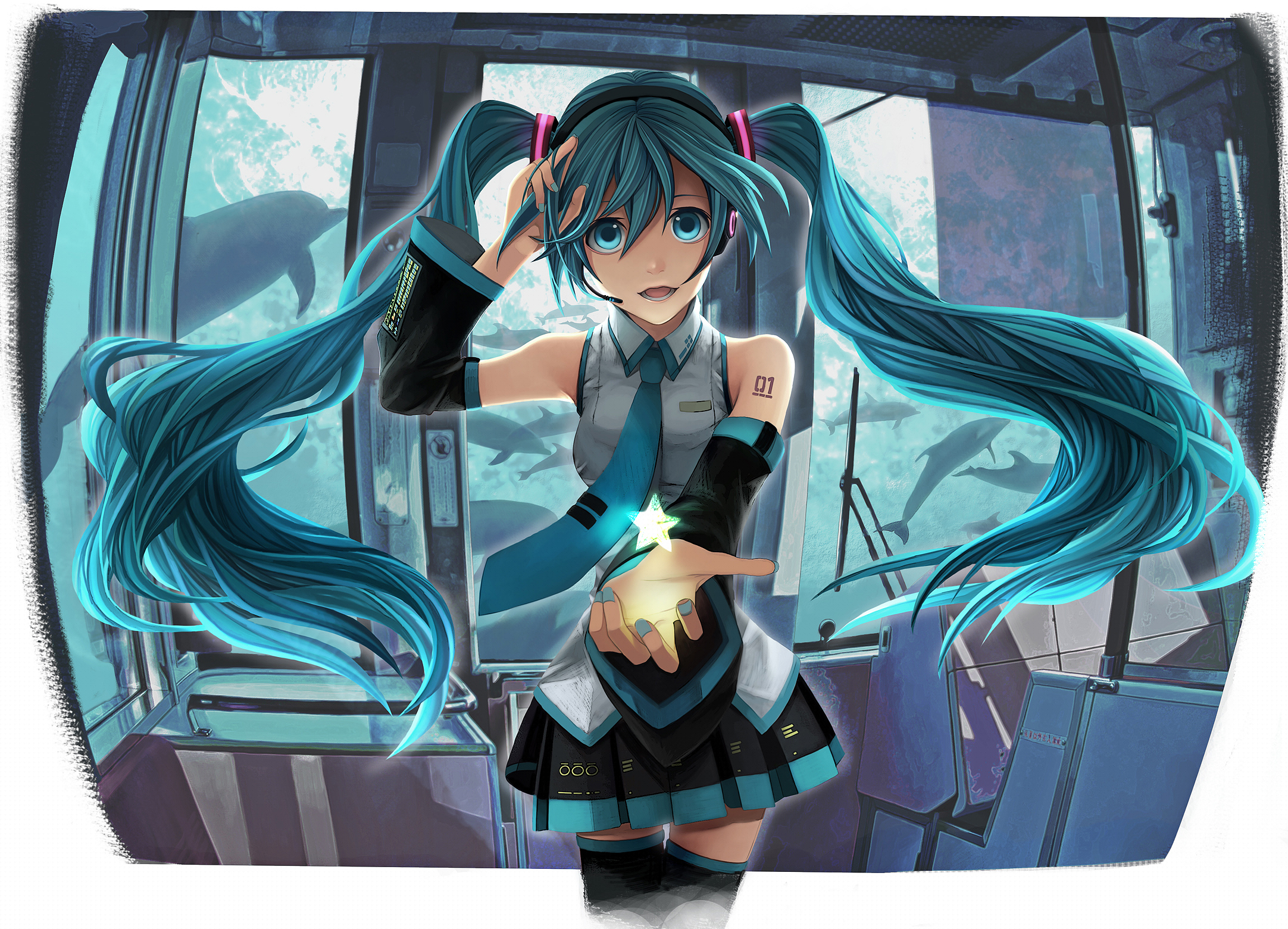 kari kenji, hatsune miku, vocaloid, duplicate, highres, md5 mismatch, 1girl, aqua eyes, aqua hair, aqua nails, bare shoulders, dolphin, female focus, nail polish, solo, thighhighs, twintails, zettai ryouiki