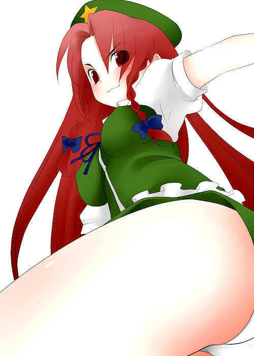 tyobimiru, hong meiling, embodiment of scarlet devil, touhou, bad id, bad pixiv id, 1girl, ass, breasts, female focus, panties, red hair, simple background, solo, underwear, white background