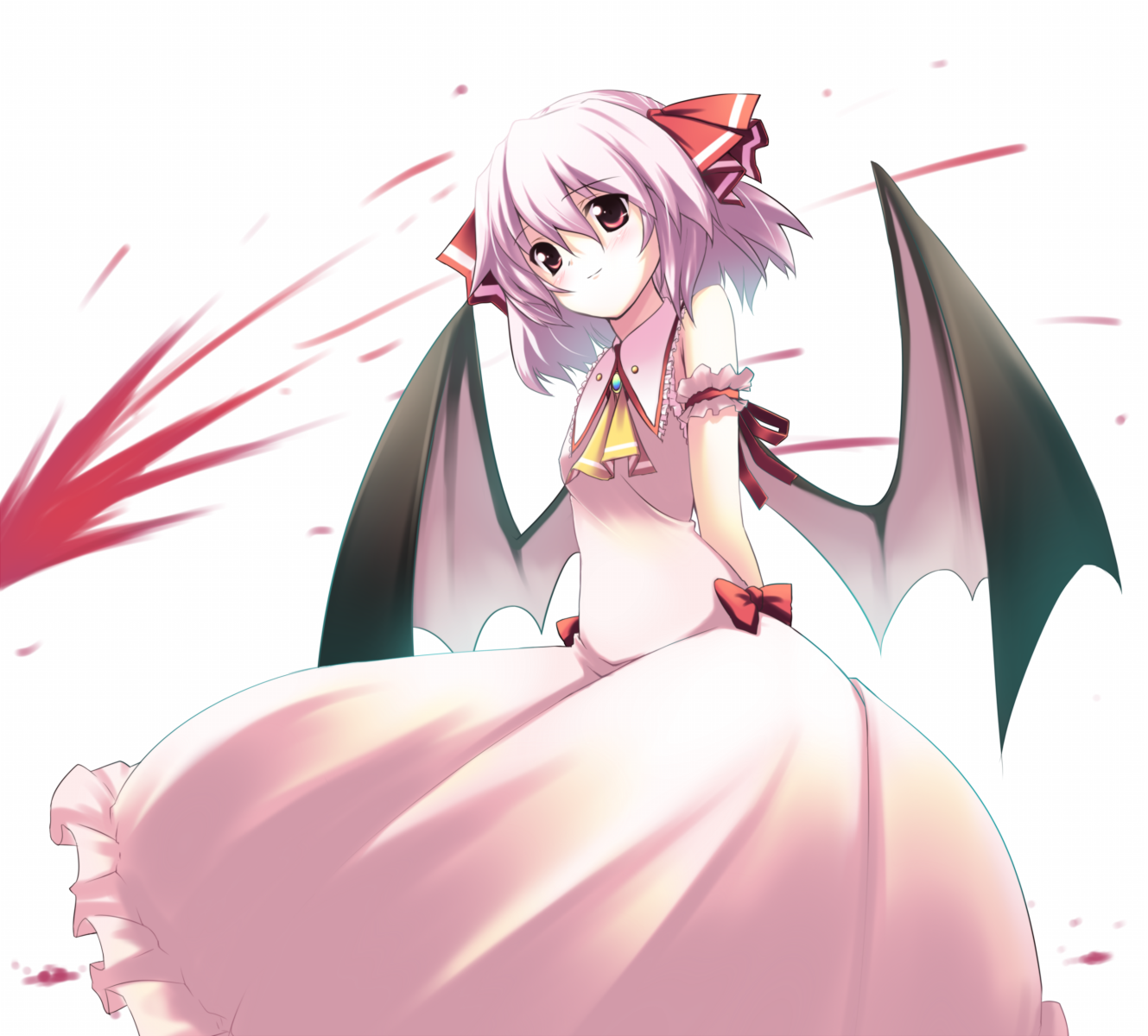 usume shirou, remilia scarlet, touhou, highres, 1girl, alternate hairstyle, bat wings, blood, female focus, nosebleed, pink hair, red eyes, short hair, solo, white background, wings