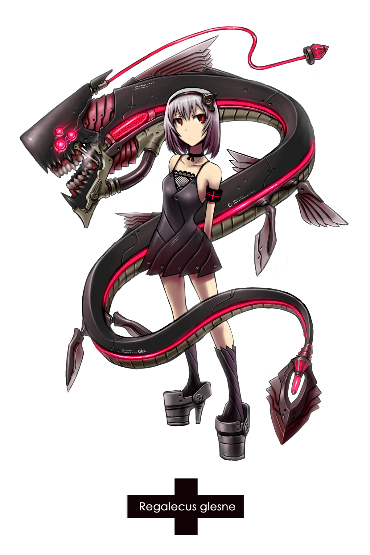 gia, original, silver hair, highres, 1girl, female focus, glowing, hairband, monster, neon trim, red eyes, short hair, solo