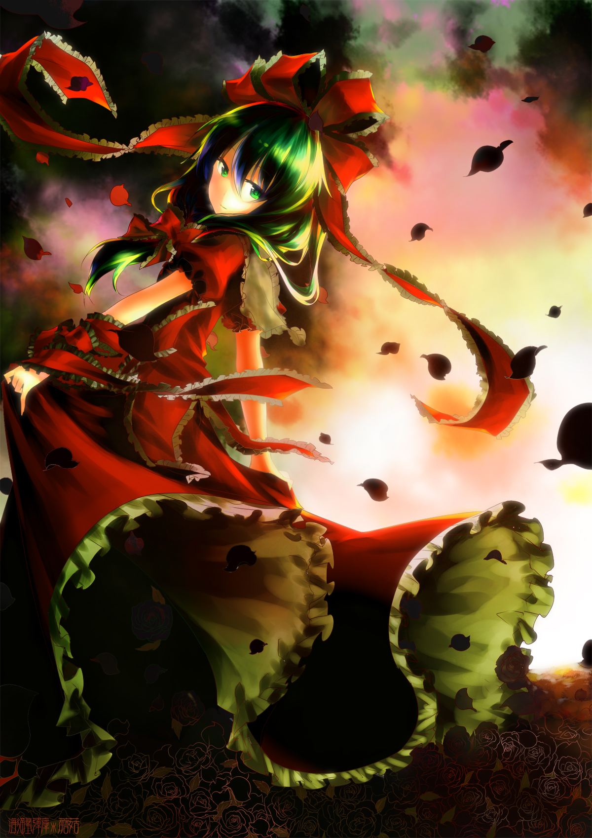 lowlight kirilenko, kagiyama hina, touhou, light, bad id, bad pixiv id, highres, 1girl, black flower, black rose, blue hair, bow, dress, female focus, flower, frills, from behind, front ponytail, green eyes, green hair, hair bow, hair ribbon, light smile, long hair, looking back, lowlightk, matching hair/eyes, multicolored hair, petals, ribbon, rose, skirt hold, sky, solo, sunset, two-tone hair