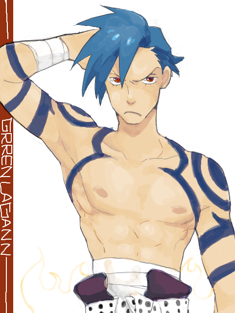 zukki (suzukio), kamina (ttgl), tengen toppa gurren lagann, 00s, 1boy, bandages, blue hair, male focus, oekaki, pout, red eyes, sarashi, solo, tattoo, topless male, white background