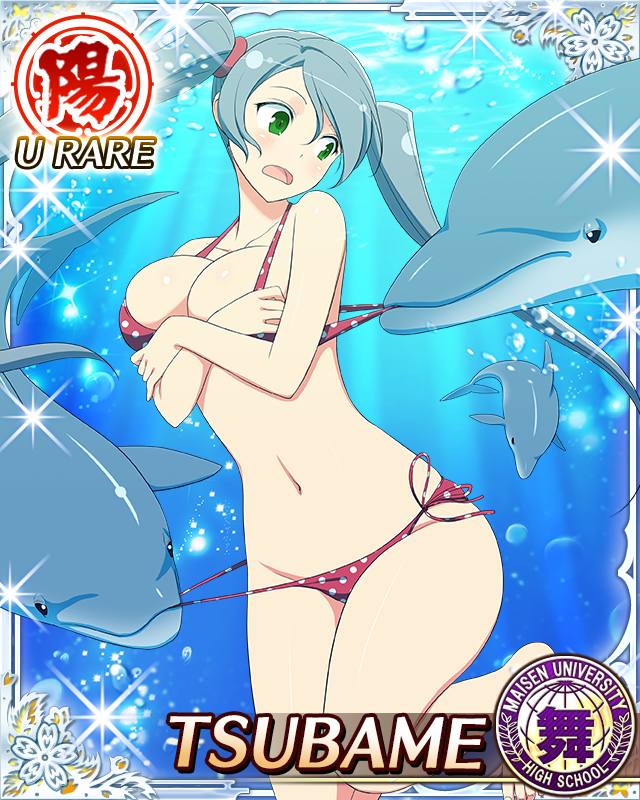 tsubame (senran kagura), senran kagura, senran kagura new wave, game cg, official art, third-party source, 1girl, bikini, bikini pull, border, breasts, card (medium), character name, clothes pull, covering breasts, covering privates, dolphin, green eyes, grey hair, groin, large breasts, long hair, looking at animal, looking to the side, navel, open mouth, polka dot, polka dot bikini, red bikini, side-tie bikini bottom, solo, surprised, swept bangs, swimsuit, twintails, underwater, very long hair