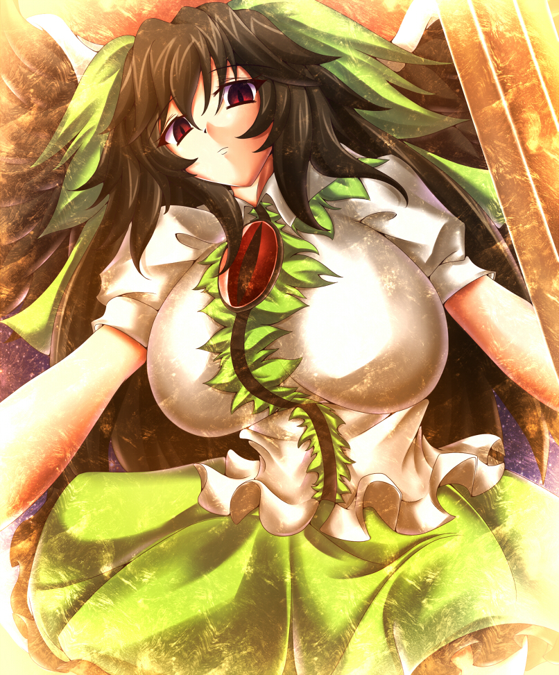mikan (5555), reiuji utsuho, touhou, bad id, bad pixiv id, 1girl, black hair, breasts, female focus, huge breasts, solo