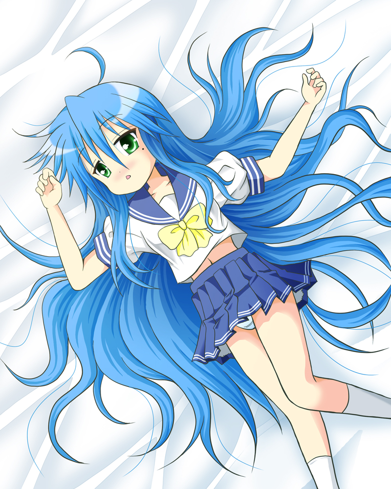 hiro yoshinaka, izumi konata, lucky star, 00s, 1girl, ahoge, blue hair, female focus, green eyes, long hair, lying, mole, mole under eye, panties, pantyshot, school uniform, serafuku, solo, underwear