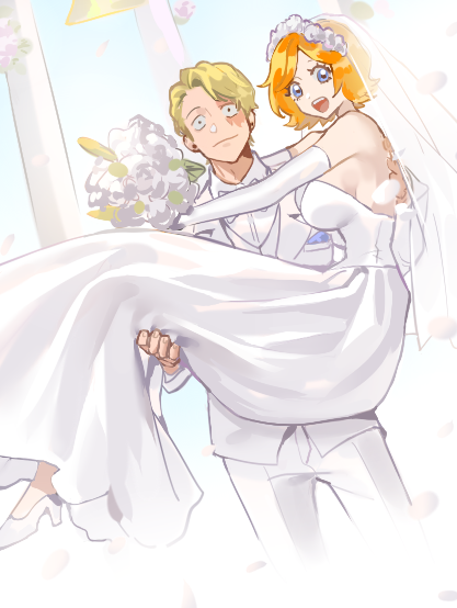 raine (acke2445), koala (one piece), sabo (one piece), one piece, commentary, revision, 1boy, 1girl, bare shoulders, blonde hair, blue eyes, bouquet, breasts, bridal gauntlets, bridal veil, bride, carrying, couple, dress, flower, groom, hetero, holding, holding bouquet, large breasts, looking at viewer, open mouth, orange hair, petals, princess carry, scar, scar on face, shoes, strapless, strapless dress, veil, wedding dress, white dress, white shoes