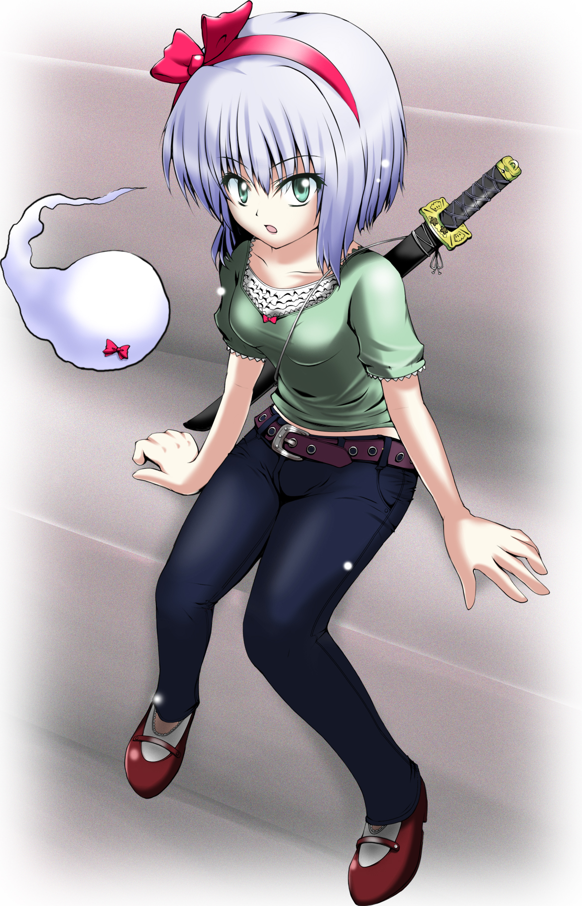 mocchisake, konpaku youmu, konpaku youmu (ghost), touhou, silver hair, bad id, bad pixiv id, highres, 1girl, alternate costume, blue eyes, casual, contemporary, denim, female focus, ghost, hairband, jeans, katana, pants, sheath, sheathed, short hair, solo, sword, weapon