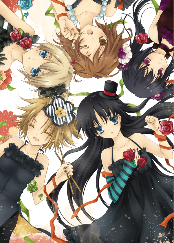 bya, akiyama mio, hirasawa yui, kotobuki tsumugi, nakano azusa, tainaka ritsu, don't say "lazy", k-on!, 00s, 5girls, alternate hairstyle, black hair, blonde hair, blue eyes, brown eyes, brown hair, circle formation, closed eyes, dress, drumsticks, fingerless gloves, flower, frills, gloves, hat, ho-kago tea time, long hair, lying, mini hat, mini top hat, multiple girls, one eye closed, red eyes, rose, short hair, top hat, wink