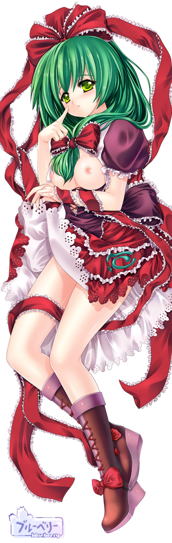 bluetheater, kagiyama hina, touhou, bad id, bad pixiv id, long image, tall image, 1girl, breasts, dakimakura (medium), female focus, front ponytail, full body, green eyes, green hair, hair ribbon, matching hair/eyes, nipples, ribbon, short hair, solo