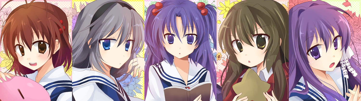 chocho (homelessfox), fujibayashi kyou, furukawa nagisa, ibuki fuuko, ichinose kotomi, sakagami tomoyo, clannad, dango daikazoku, bad id, bad pixiv id, long image, wide image, 00s, 5girls, antenna hair, blue eyes, blue hair, book, brown eyes, brown hair, grey hair, hair bobbles, hair ornament, hairband, long hair, multiple girls, purple eyes, purple hair, school uniform, short hair, starfish, two side up