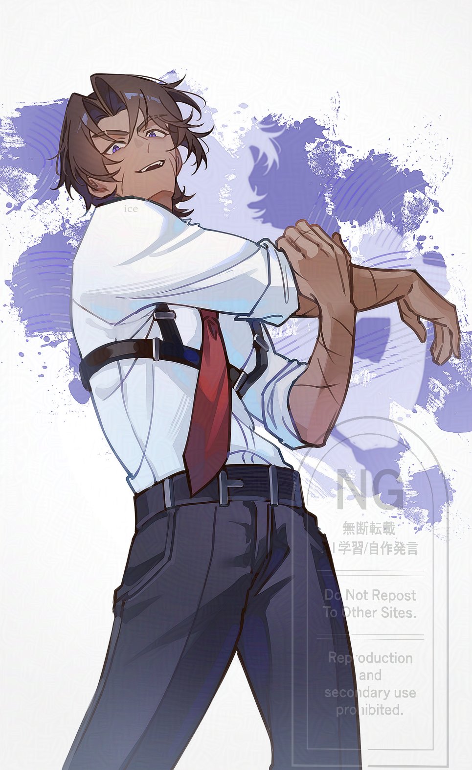 heathcliff (project moon), limbus company, project moon, commentary request, highres, korean commentary, 1boy, art ice, belt, black belt, black pants, brown hair, chest harness, cross-body stretch, dark-skinned male, dark skin, feet out of frame, harness, looking at viewer, male focus, multiple scars, open mouth, pants, parted hair, purple eyes, scar, scar on arm, shirt, shirt tucked in, sleeve cuffs, sleeves rolled up, smile, solo, standing, stretching, teeth, upper teeth only, watermark, white shirt