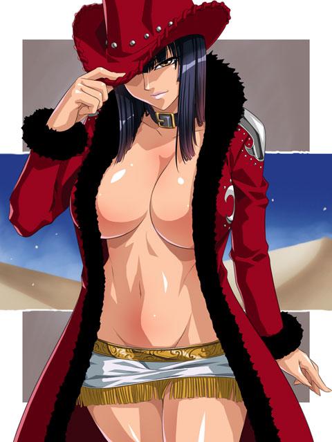 kagami, nico robin, one piece, breasts, choker, cleavage, hat, no bra, open clothes, open robe